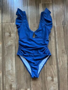 Blue Flutter Sleeve Maternity One Piece Swimsuit with Back Cutout